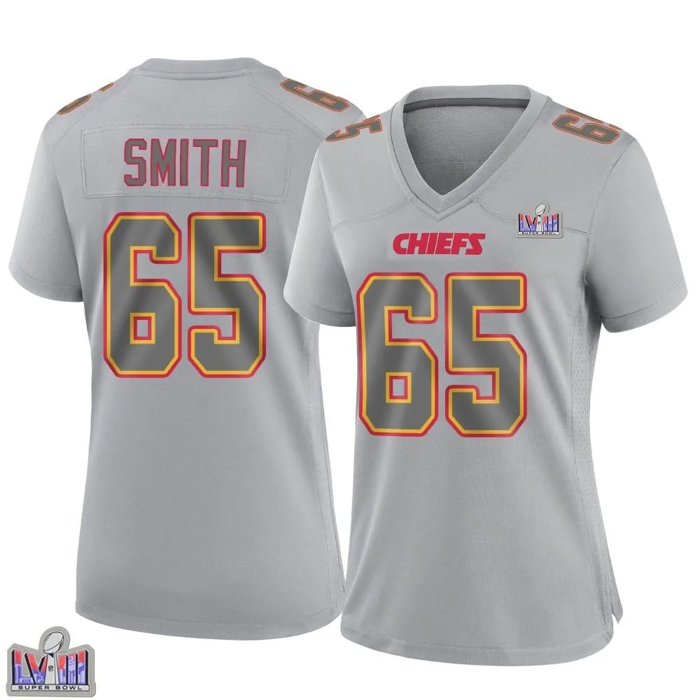Women's Kansas City Chiefs Trey Smith Nike Atmosphere Fashion Super Bowl LVIII Patch Game Gray Jersey Women's Kansas City Chiefs Trey Smith Nike Atmosphere Fashion Super Bowl LVIII Patch Game Gray Jersey