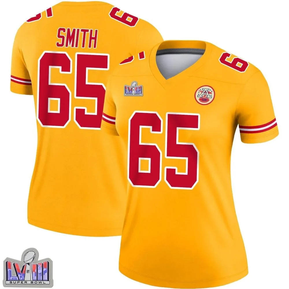Women's Kansas City Chiefs Trey Smith Nike Inverted Super Bowl LVIII Patch Legend Gold Jersey Women's Kansas City Chiefs Trey Smith Nike Inverted Super Bowl LVIII Patch Legend Gold Jersey