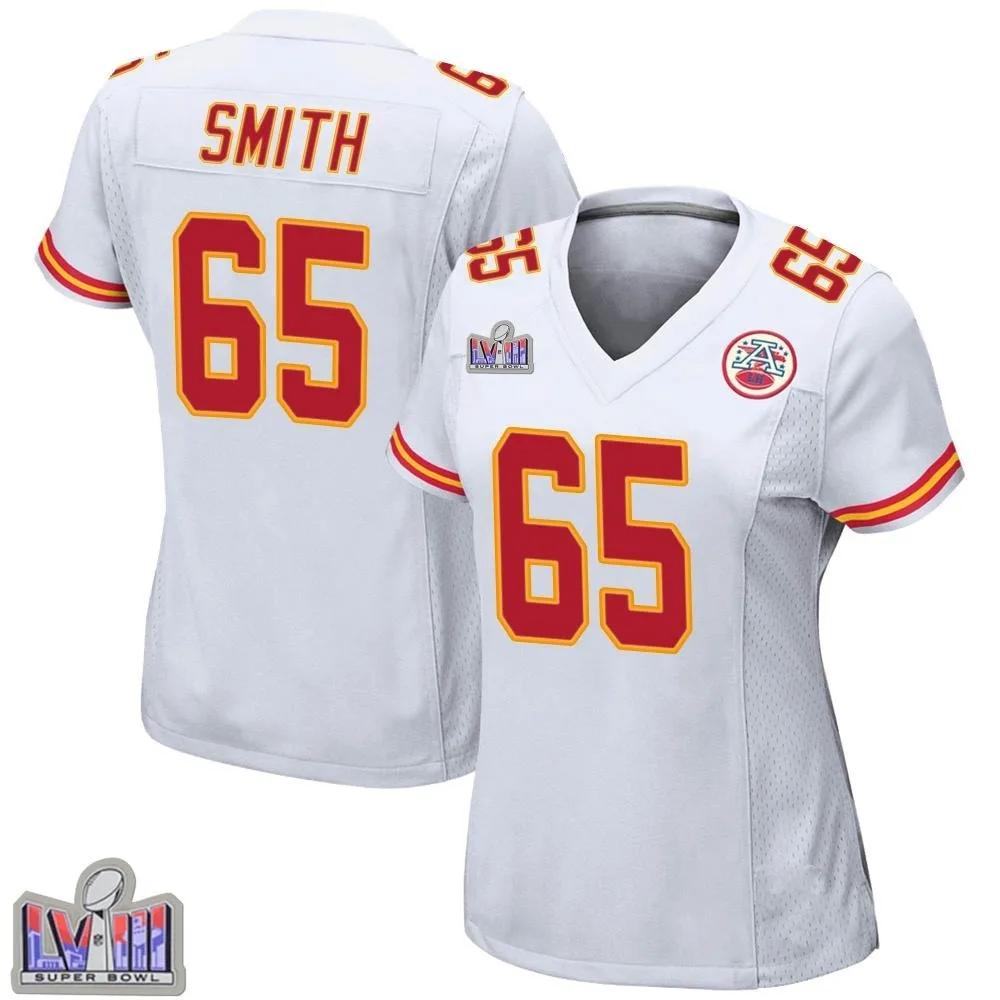 Women's Kansas City Chiefs Trey Smith Nike Super Bowl LVIII Patch Game White Jersey Women's Kansas City Chiefs Trey Smith Nike Super Bowl LVIII Patch Game White Jersey