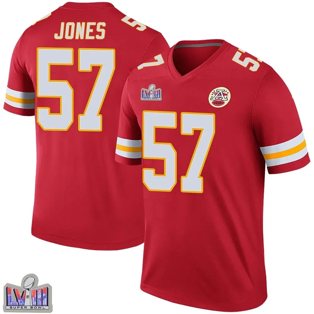Men's Kansas City Chiefs Truman Jones Nike Color Rush Super Bowl LVIII Patch Legend Red Jersey Men's Kansas City Chiefs Truman Jones Nike Color Rush Super Bowl LVIII Patch Legend Red Jersey