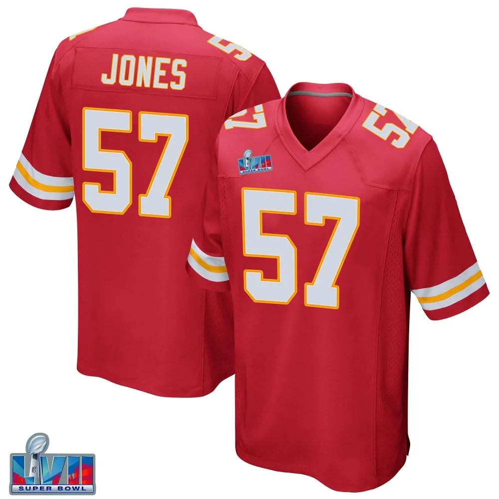 Men's Kansas City Chiefs Truman Jones Nike Team Color Super Bowl LVII Patch Game Red Jersey Men's Kansas City Chiefs Truman Jones Nike Team Color Super Bowl LVII Patch Game Red Jersey