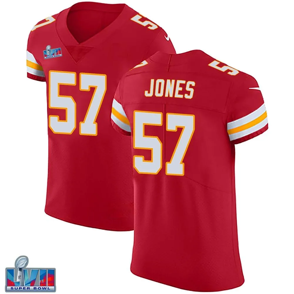 Men's Kansas City Chiefs Truman Jones Nike Team Color Vapor Untouchable Super Bowl LVII Patch Elite Red Jersey Men's Kansas City Chiefs Truman Jones Nike Team Color Vapor Untouchable Super Bowl LVII Patch Elite Red Jersey