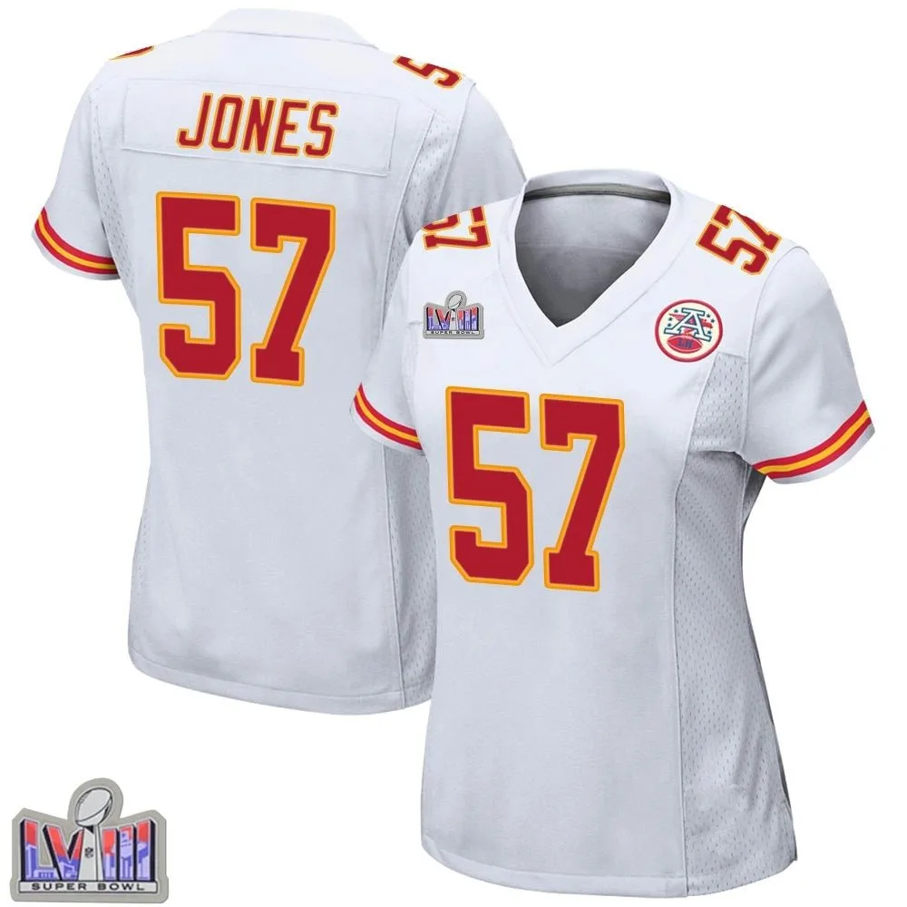 Women's Kansas City Chiefs Truman Jones Nike Super Bowl LVIII Patch Game White Jersey Women's Kansas City Chiefs Truman Jones Nike Super Bowl LVIII Patch Game White Jersey
