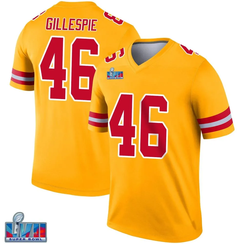 Men's Kansas City Chiefs Tyree Gillespie Nike Inverted Super Bowl LVII Patch Legend Gold Jersey Men's Kansas City Chiefs Tyree Gillespie Nike Inverted Super Bowl LVII Patch Legend Gold Jersey