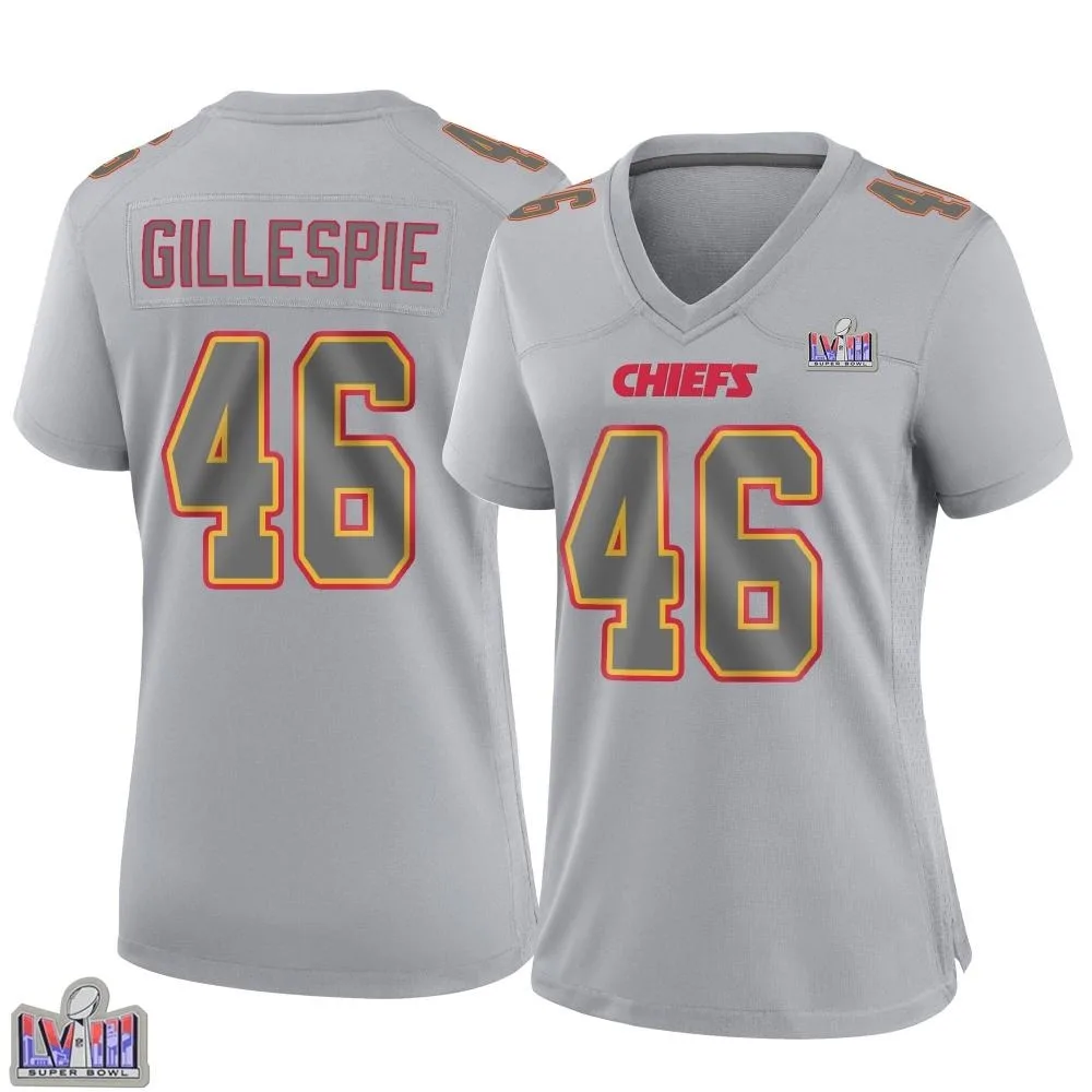 Women's Kansas City Chiefs Tyree Gillespie Nike Atmosphere Fashion Super Bowl LVIII Patch Game Gray Jersey Women's Kansas City Chiefs Tyree Gillespie Nike Atmosphere Fashion Super Bowl LVIII Patch Game Gray Jersey