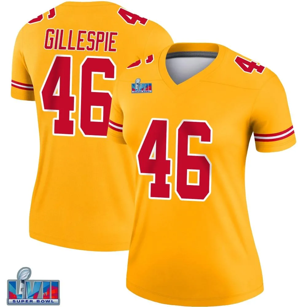 Women's Kansas City Chiefs Tyree Gillespie Nike Inverted Super Bowl LVII Patch Legend Gold Jersey Women's Kansas City Chiefs Tyree Gillespie Nike Inverted Super Bowl LVII Patch Legend Gold Jersey