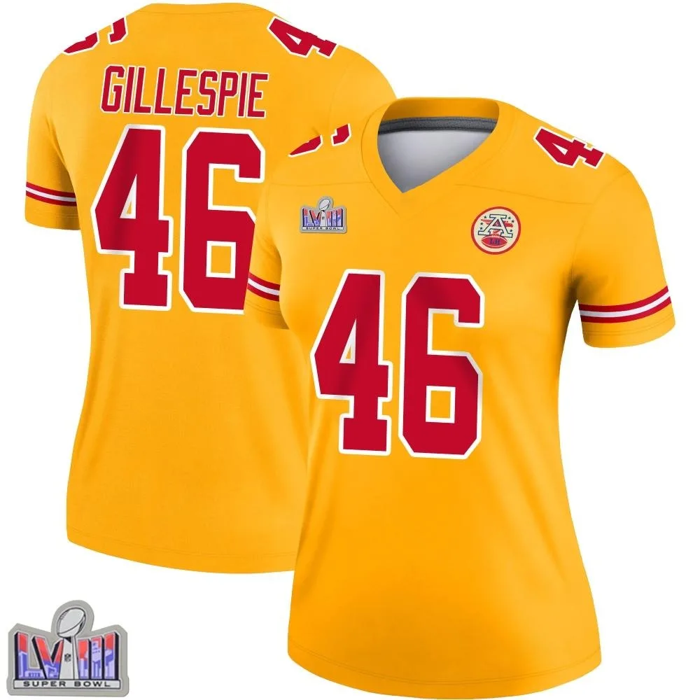 Women's Kansas City Chiefs Tyree Gillespie Nike Inverted Super Bowl LVIII Patch Legend Gold Jersey Women's Kansas City Chiefs Tyree Gillespie Nike Inverted Super Bowl LVIII Patch Legend Gold Jersey