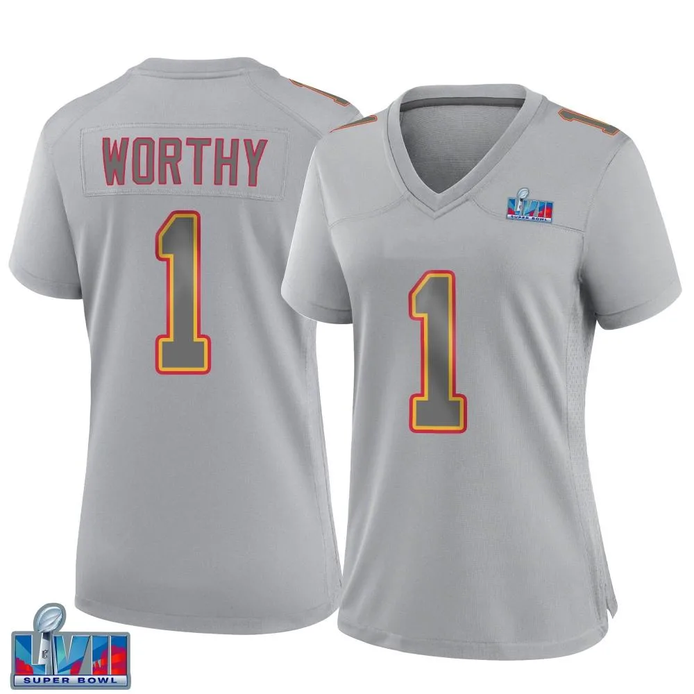 Women's Kansas City Chiefs Xavier Worthy Nike Atmosphere Fashion Super Bowl LVII Patch Game Gray Jersey Women's Kansas City Chiefs Xavier Worthy Nike Atmosphere Fashion Super Bowl LVII Patch Game Gray Jersey