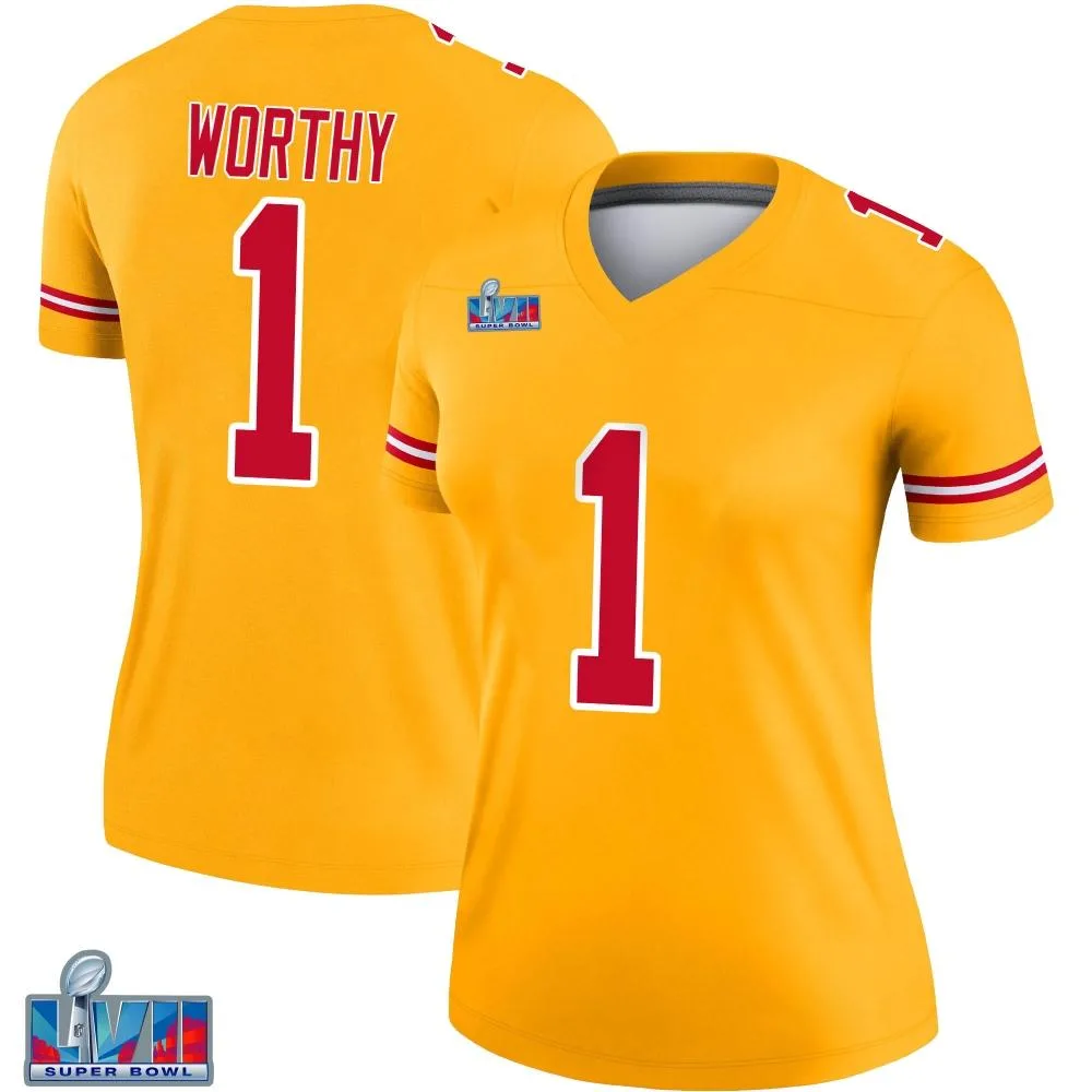Women's Kansas City Chiefs Xavier Worthy Nike Inverted Super Bowl LVII Patch Legend Gold Jersey Women's Kansas City Chiefs Xavier Worthy Nike Inverted Super Bowl LVII Patch Legend Gold Jersey