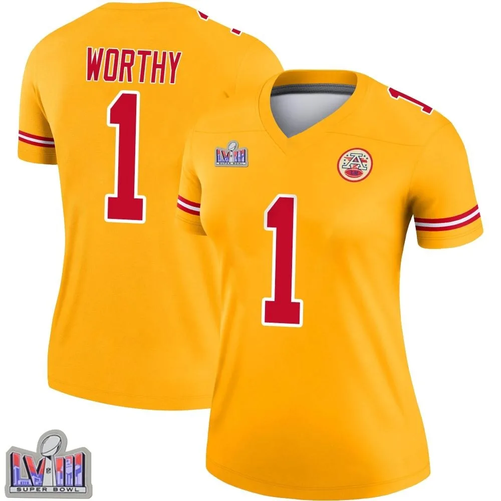 Women's Kansas City Chiefs Xavier Worthy Nike Inverted Super Bowl LVIII Patch Legend Gold Jersey Women's Kansas City Chiefs Xavier Worthy Nike Inverted Super Bowl LVIII Patch Legend Gold Jersey