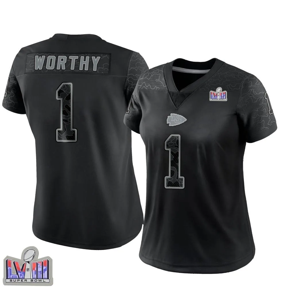 Women's Kansas City Chiefs Xavier Worthy Nike Reflective Super Bowl LVIII Patch Limited Black Jersey Women's Kansas City Chiefs Xavier Worthy Nike Reflective Super Bowl LVIII Patch Limited Black Jersey