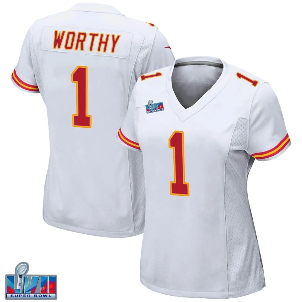 Women's Kansas City Chiefs Xavier Worthy Nike Super Bowl LVII Patch Game White Jersey Women's Kansas City Chiefs Xavier Worthy Nike Super Bowl LVII Patch Game White Jersey