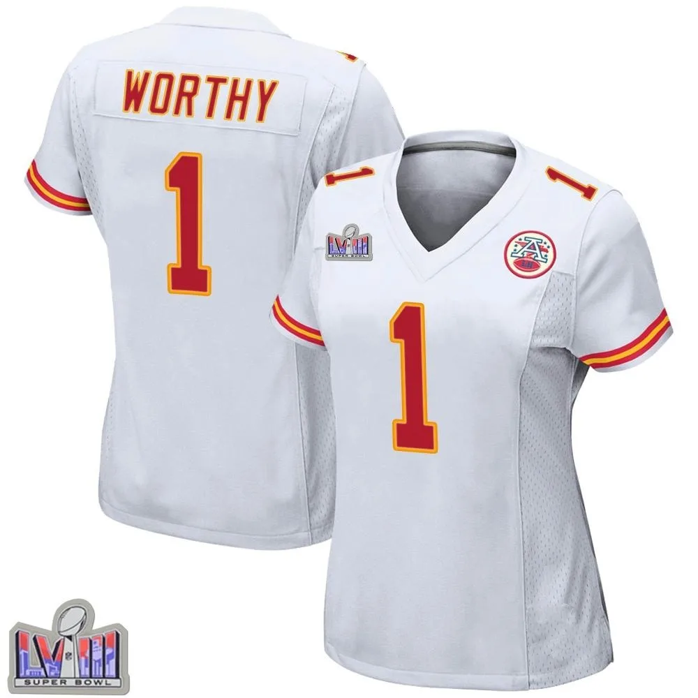 Women's Kansas City Chiefs Xavier Worthy Nike Super Bowl LVIII Patch Game White Jersey Women's Kansas City Chiefs Xavier Worthy Nike Super Bowl LVIII Patch Game White Jersey